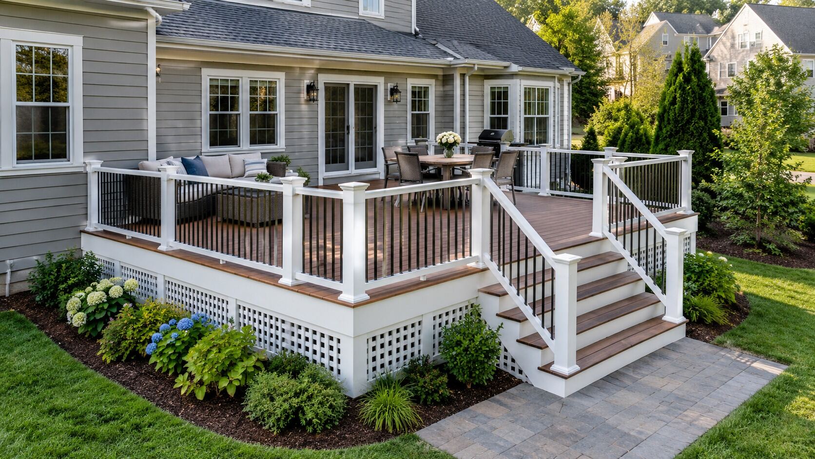 Finished backyard deck and outdoor living space